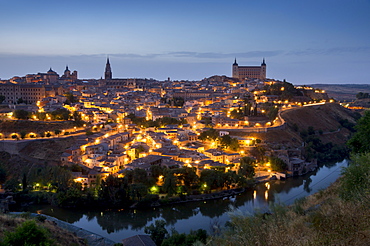 Cityscape at dusk, Toledo, Castile-La Mancha, Spain, Europe