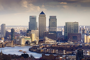 Moody view of Canary Wharf, Docklands, from above, London, England, United Kingdom, Europe