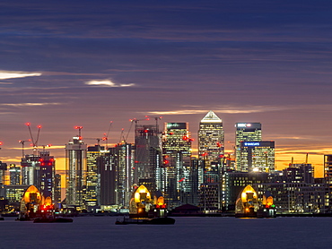 Canary Wharf from Woolwich at sunset, London, England, United Kingdom, Europe