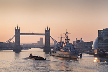 Tower Bridge at sunrise and River Thames, London, England, United Kingdom, Europe