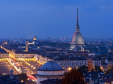 Mole Antonelliana and Gran Madre di Dio dusk, Turin, Piedmont, Italy, Europe