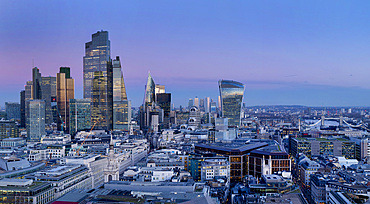 City of London skyline from St. Pauls at dusk, London, England, United Kingdom, Europe