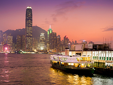 Hong Kong Island waterfront with Star Ferry in the evening, Hong Kong, China, Asia