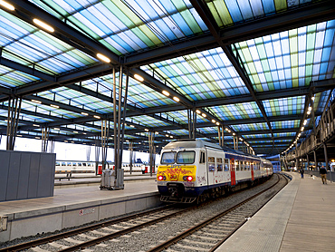 Railway station dusk, Ostend, Belgium, Europe