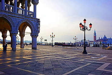 Doge's Palace and Piazzetta against San Giorgio Maggiore in early morning light, Venice, UNESCO World Heritage Site, Veneto, Italy, Europe