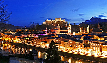 View from Kapuzinerberg Hill towards old town, Salzburg, Austria, Europe