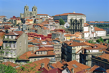 City skyline with houses, churches and cathedral above left, in Oporto, Portugal, Europe