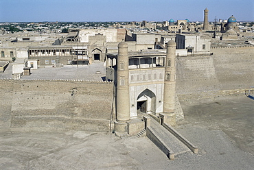 View over old city, the Ark, from water tower, Bukhara, Uzbekistan, Central Asia, Asia