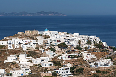 Aerial overview of Kastro Village, with island of Antiparos in background, Sifnos, Cyclades, Greek Islands, Greece, Europe