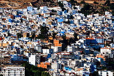 Close-up aerial cityscape of Chefchaouen, known as the Blue City, set in the Rif Mountains, Morocco, North Africa, Africa