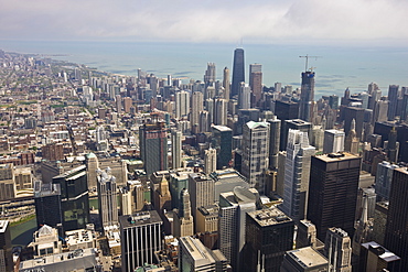 Aerial view of city skyline and Lake Michigan, looking North, Chicago, Illinois, United States of America, North America