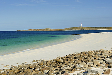 Beach and lighthouse, Island of Glenan, Brittany, France, Europe