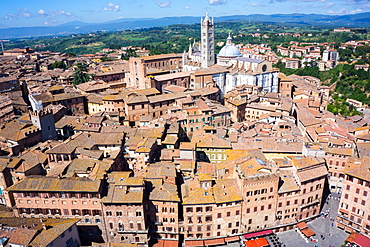 View from Torre del Mangia of Piazza del Campo and city skyline, UNESCO World Heritage Site, Siena, Tuscany, Italy, Europe