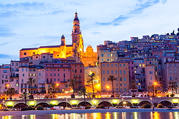 Menton at dusk, Alpes-Maritimes, Provence-Alpes-Cote d'Azur, French Riviera, France, Mediterranean, Europe