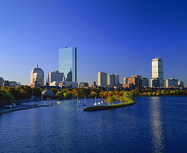 The harbour and city skyline at sunrise, Boston, Massachusetts, New England, United States of America, North America