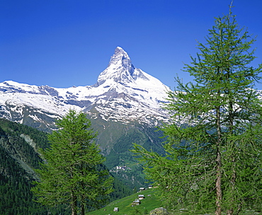 The snow covered peak of the Matterhorn in Switzerland, Europe