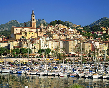 Boats in the harbour with the houses and church of the town of Menton behind, Alpes Maritimes, Cote d'Azur, Provence, French Riviera, France, Mediterranean, Europe