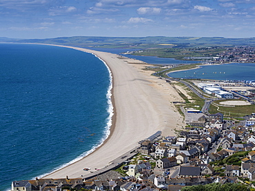 Chesil Beach and the Fleet Lagoon from Portland, Jurassic Coast, UNESCO World Heritage Site, Weymouth, Dorset, England, United Kingdom, Europe