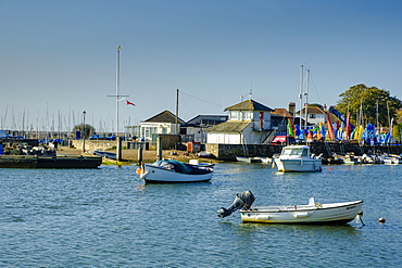 Boats moored in Keyhaven Harbour and Sailing Club onshore, Keyhaven, Hampshire, England, United Kingdom, Europe