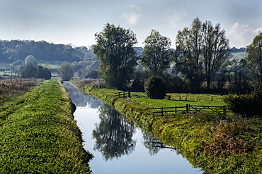 A drainage channel and farmland of the Somerset Levels, Ham Wall, Somerset, England, United Kingdom, Europe