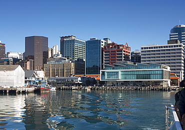 Waterfront and Queens Wharf from the harbour, Wellington, North Island, New Zealand, Pacific