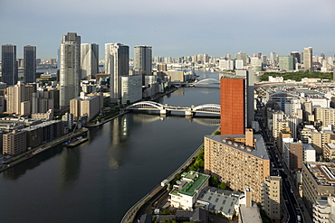 View over Sumida River with Kachidoki and Tsukiji-ohashi Bridges, Tokyo, Japan, Asia