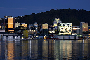 Wellington city and waterfront at dawn, Wellington, North Island, New Zealand, Pacific