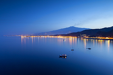 Mount Etna and Giardini Naxos at dusk, Sicily, Italy, Mediterranean, Europe