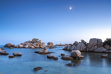 Rocks and moon, Palombaggia beach, Corsica, France, Mediterranean, Europe