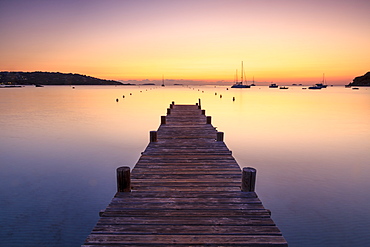 Wooden jetty at dawn, sunrise, long exposure, Corsica, France, Mediterranean, Europe