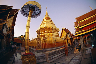 Buddhist temple of Doi Suthep at sunset, Chiang Mai, Chiang Mai Province, Thailand, Asia