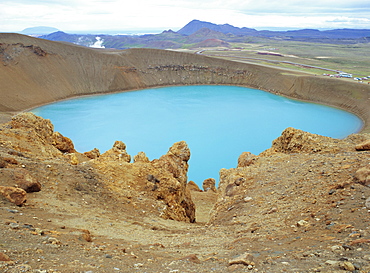 The Blue Crater Lake of Viti, which appeared after an eruption in 1875, part of the sulphurous geothermal area of Namafjall, Reykjahlio, Iceland