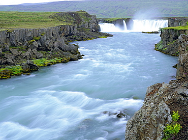 Godafoss or Fall of the Gods, horseshoe falls on the 175m long glacial Skjalfandafljot River in a 7000 year old lava field, Godafoss, Iceland