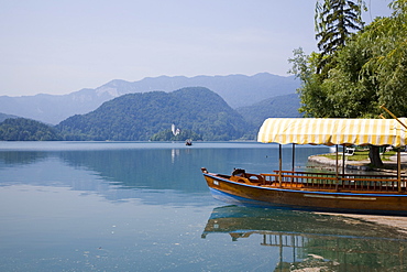 Traditional wooden pletnja (rowing boat) moored on shore to ferry tourists to St. Mary's Church of Assumption on the islet beyond, Lake Bled, Slovenia, Europe