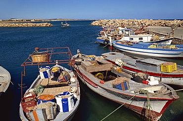 Fishing boats in the tiny harbour at Bogaz, north Cyprus, Cyprus, Mediterranean, Europe