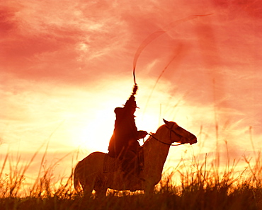 Profile of a stockman on a horse against the sunset, Queensland, Australia, Pacific