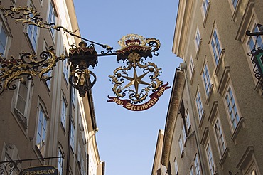 Signs in Getreidegasse the main shopping streeet, Salzburg, Austria