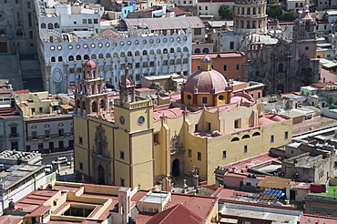 The Basilica de Nuestra Senora de Guanajuato, the yellow building in foreground, with the blue grey building of the University of Guanajuato behind, Guanajuato, UNESCO World Heritage Site, Guanajuato State, Mexico, North America