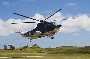 Helicopter landing at Heliport, Tresco, Isles of Scilly, Cornwall, United Kingdom, Europe