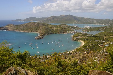 Looking down on Nelsons Dockyard from Shirley Heights, Antigua, Leeward Islands, West Indies, Caribbean, Central America