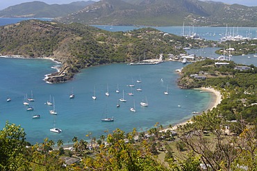 Looking down on Nelsons Dockyard from Shirley Heights, Antigua, Leeward Islands, West Indies, Caribbean, Central America