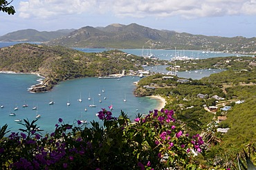 Looking down on Nelsons Dockyard from Shirley Heights, Antigua, Leeward Islands, West Indies, Caribbean, Central America