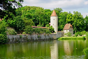 Tower and old city walls, Dinkelsbuhl, Romantic Road, Franconia, Bavaria, Germany, Europe