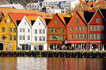 Traditional wooden Hanseatic merchants buildings of the Bryggen, UNESCO World Heritage Site, in harbour, Bergen, Hordaland, Norway, Scandinavia, Europe