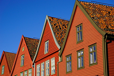 Traditional wooden Hanseatic merchants buildings of the Bryggen, UNESCO World Heritage Site, Bergen, Hordaland, Norway, Scandinavia, Europe