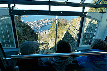 Floibanen funicular railway with view of Bergen from Mount Floyen, Bergen, Hordaland, Norway, Scandinavia, Europe