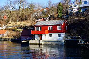 Fjord side cabins near Bergen, Hordaland, Norway, Scandinavia, Europe