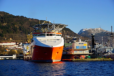 View on the harbour with oil industry support ship, Bergen, Hordaland, Norway, Scandinavia, Europe