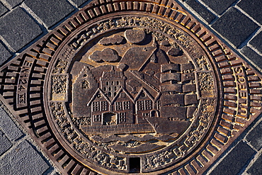 Decorative manhole cover, Bergen, Norway, Hordaland, Norway, Scandinavia, Europe