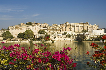 View of the City Palace and hotels from Lake Pichola, Udaipur, Rajasthan,  India